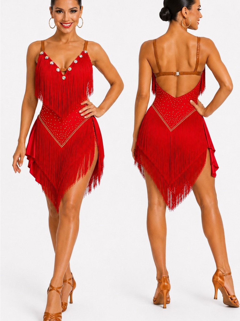 Red Fringe One-Piece YUMEIREN Fringe Rhinestone Latin Dance Performance Dress
